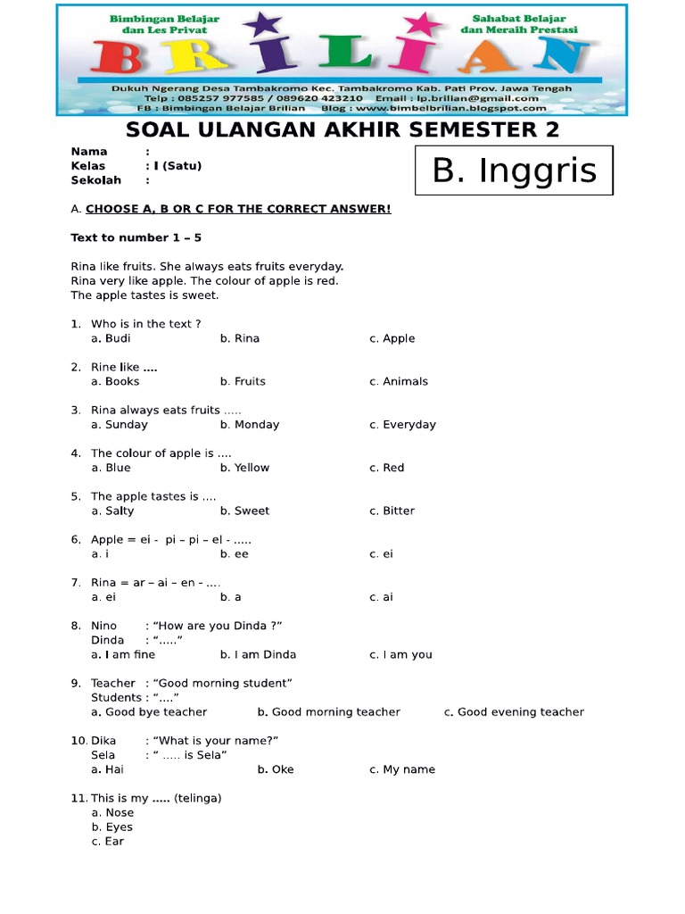 7 Contoh Soal Mid Semester 1 Bahasa Inggris Kelas 3 SD yang Wajib Dikuasai Siswa